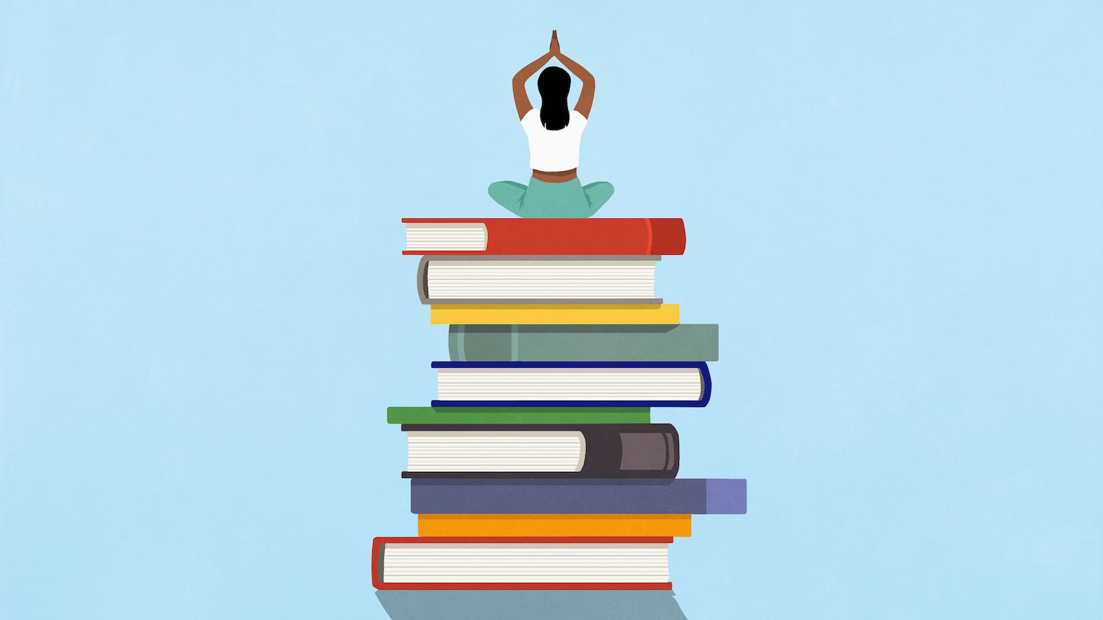 An illustration of a woman meditating on a stack of colorful books.