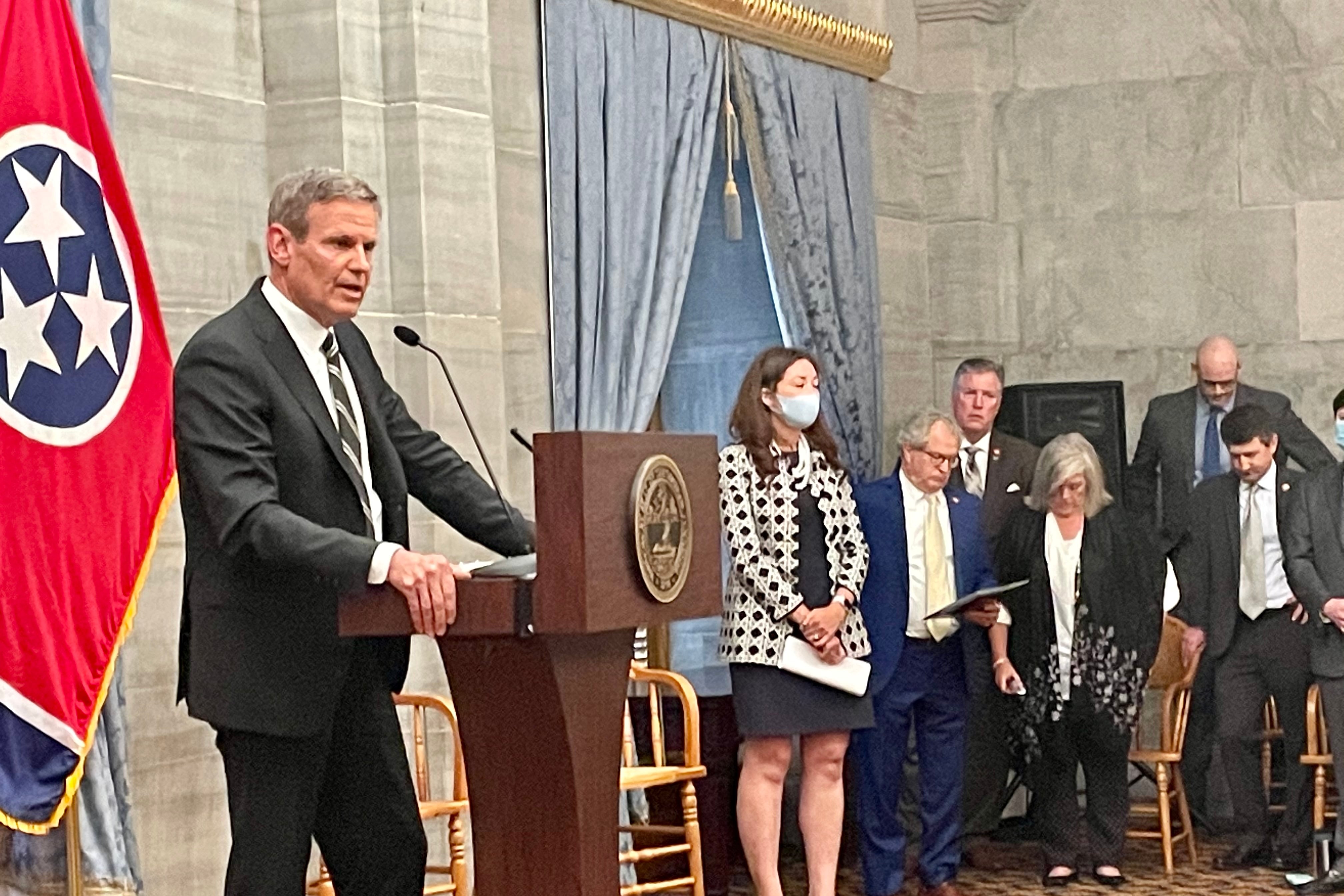 Gov. Bill Lee asks for prayers for shooting victims at Knoxville’s Austin-East Magnet High School during a press conference on Monday, April 12, 2021.