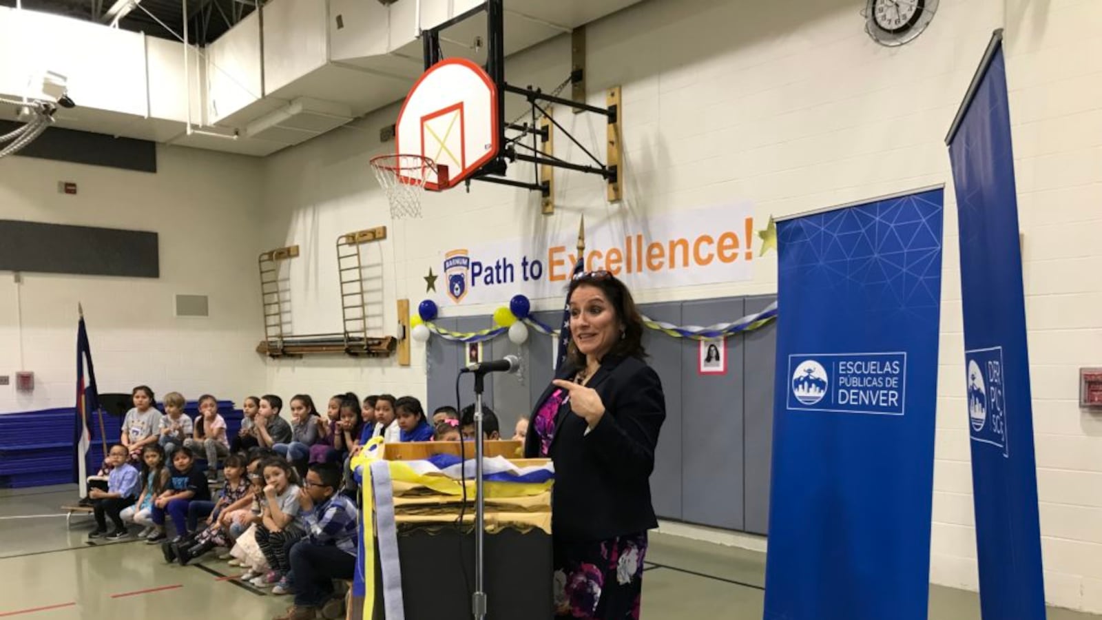 Susana Cordova addresses students at Barnum Elementary School on Jan. 7, her first day as Denver superintendent.