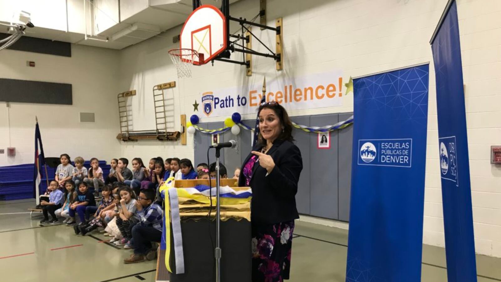 Susana Cordova addresses students at Barnum Elementary School on Jan. 7, her first day as Denver superintendent.