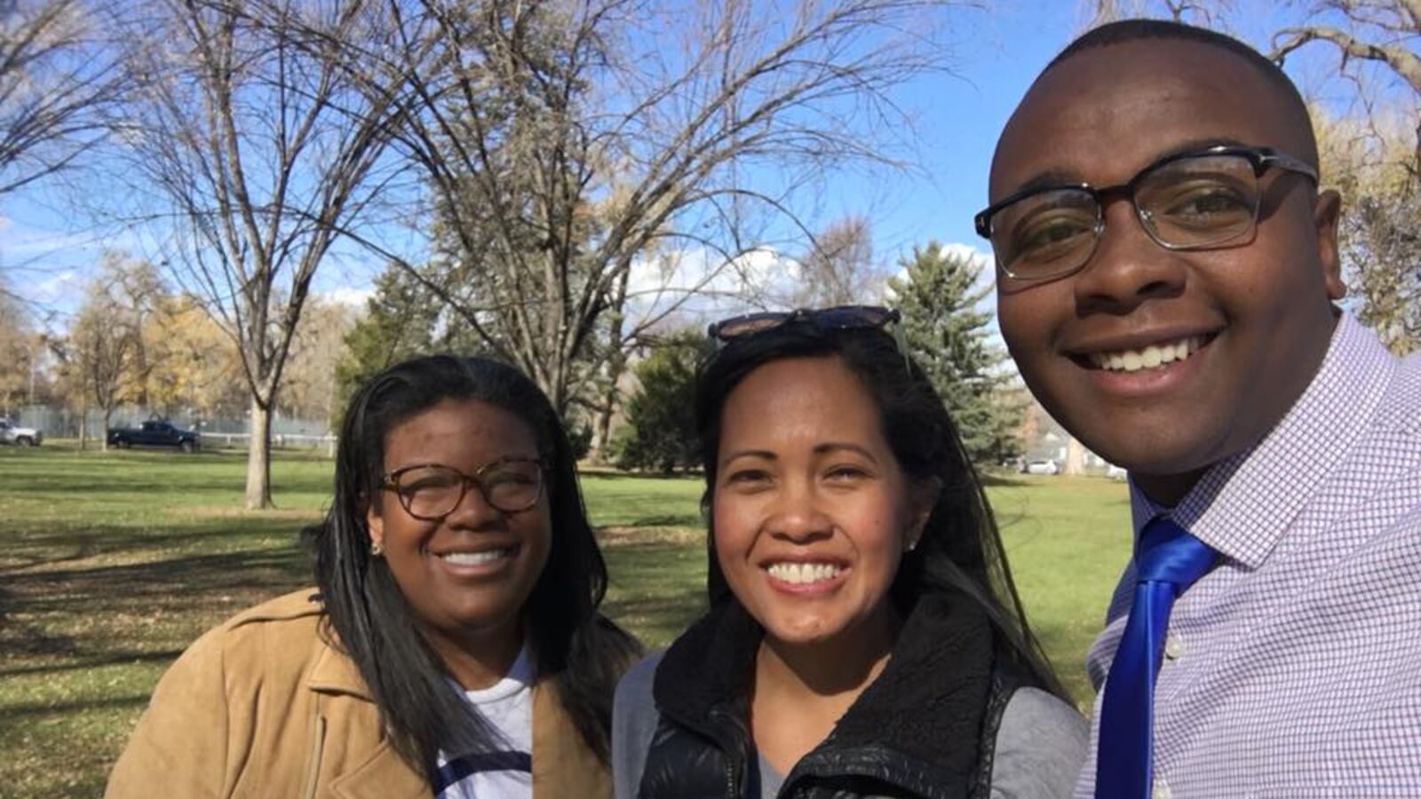 From left to right: Jennifer Bacon, Rachele Espiritu and Tay Anderson in City Park.