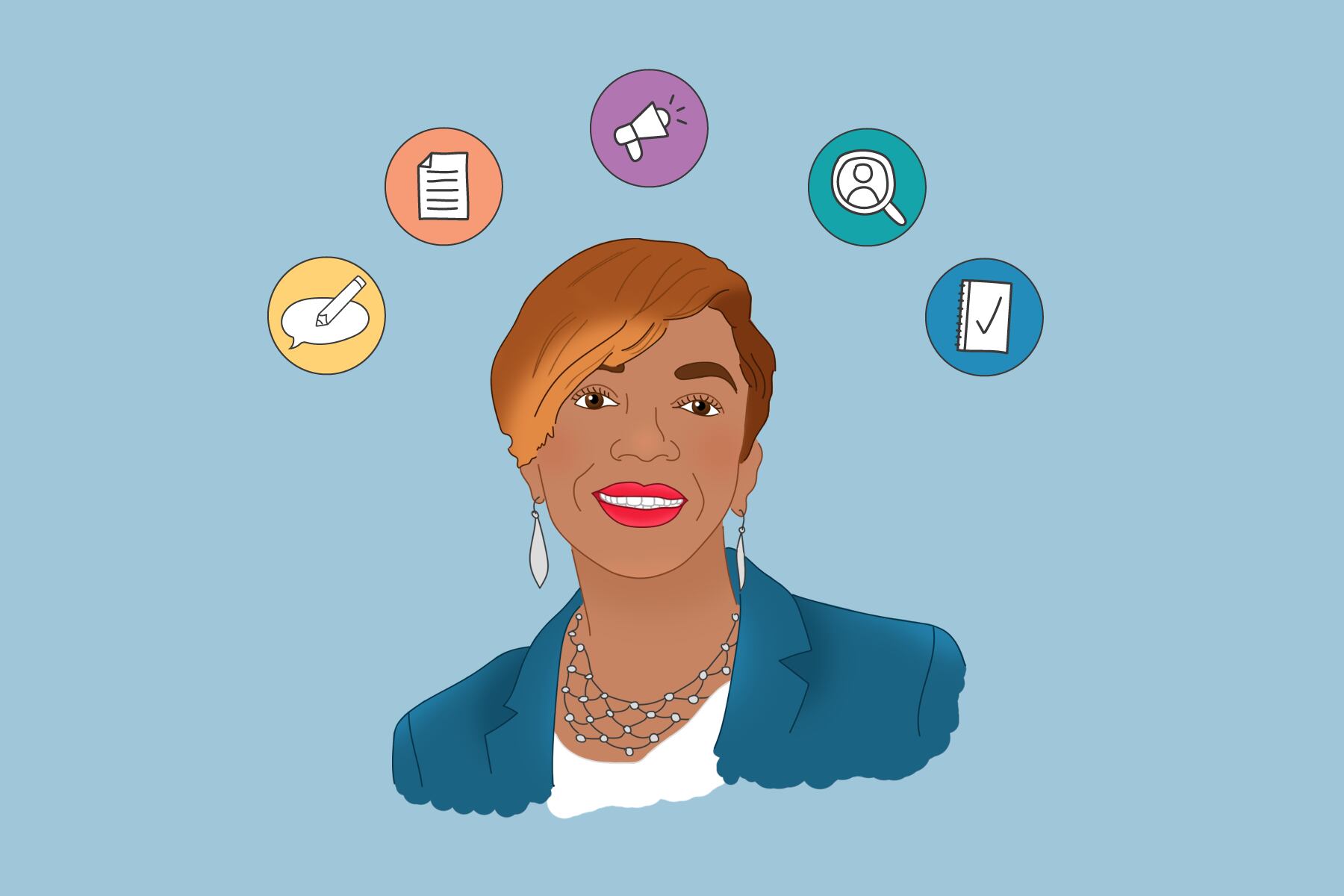 Digital illustration of Jennifer Bramble surrounded by a semi-circle of icons representing the work that she does with Chalkbeat and the DEIB Action Force.