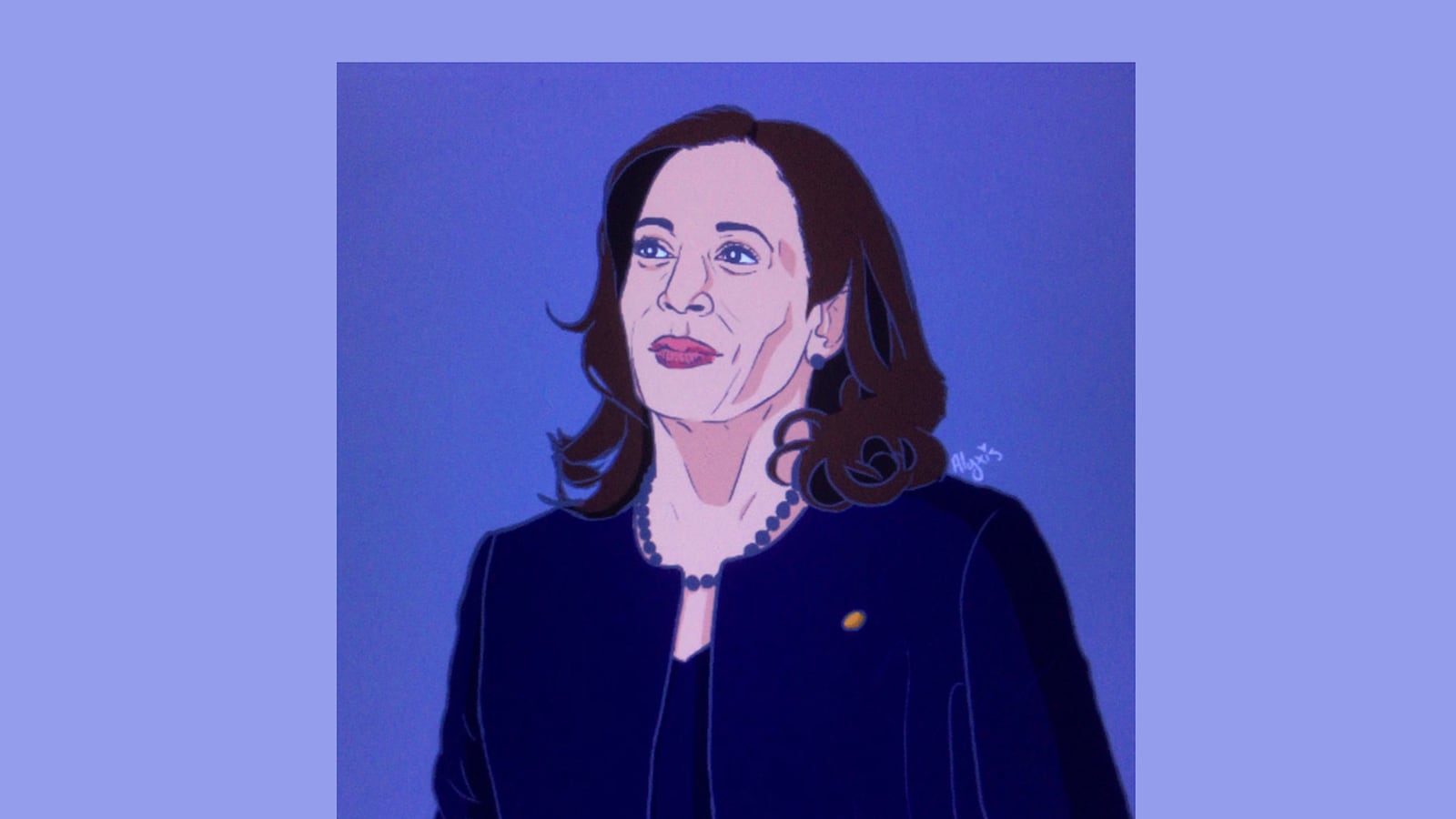 Illustration of Kamala Harris with a blue and purple background, by Alyxis Wilson.