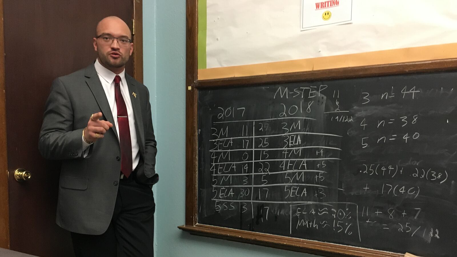 Sean Townsin, principal at Escuela Avancemos, talks last year about his school's improved test scores, which helped it win a major grant.