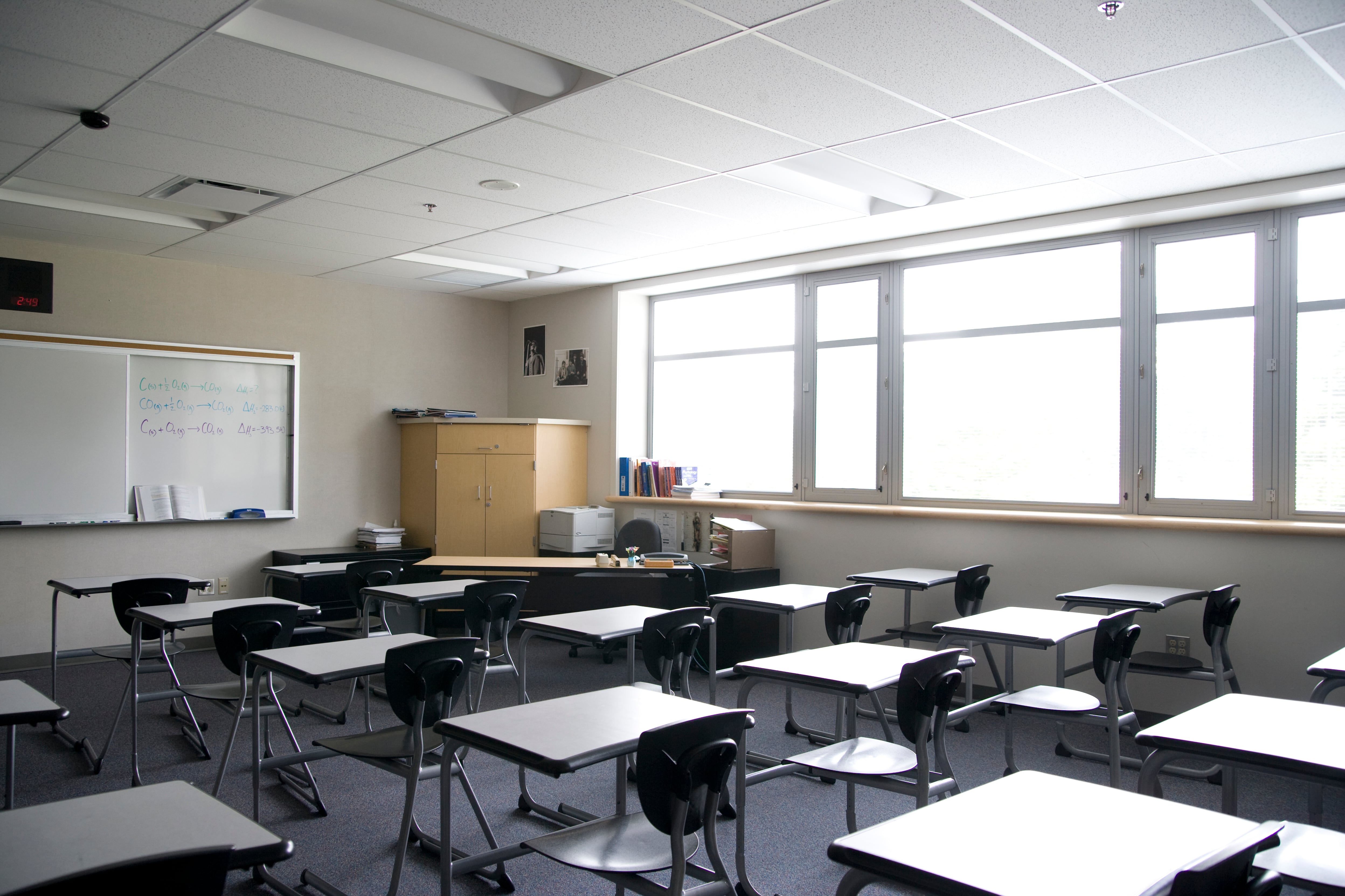 An empty high school classroom.