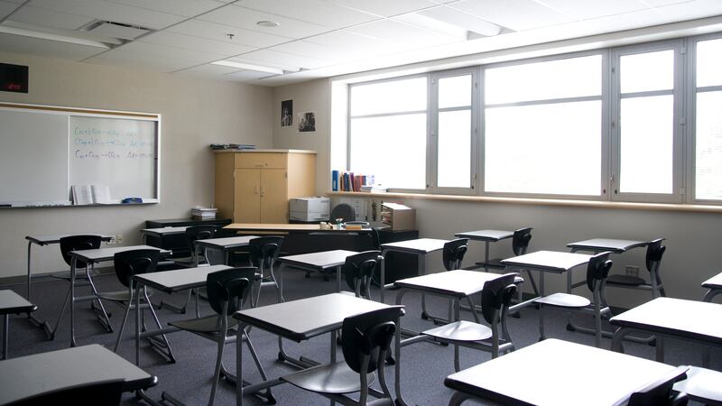 An empty high school classroom.