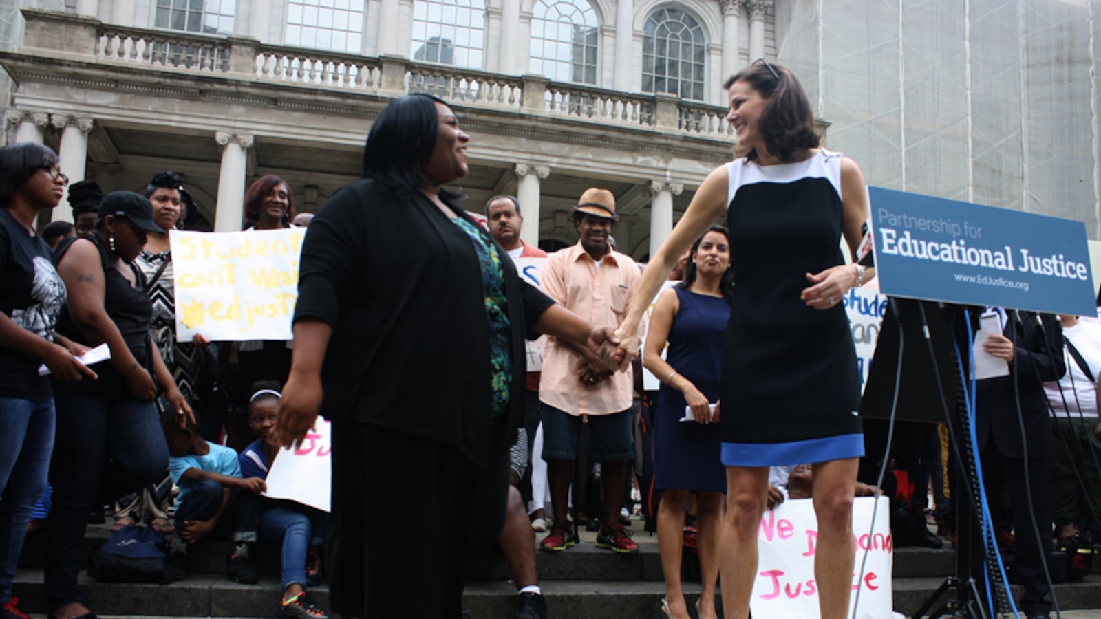 Carla Williams (left) is one of seven plaintiffs  suing the state over teacher tenure laws. The efforts are led by news-anchor-turned-education-activist Campbell Brown (right).