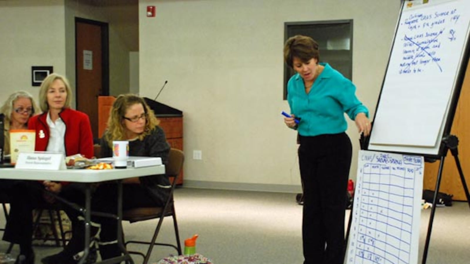 Testing task force facilitator Laura Lefkovitz (right) filled several big sheets of paper Monday trying to keep up with the group's deliberations.
