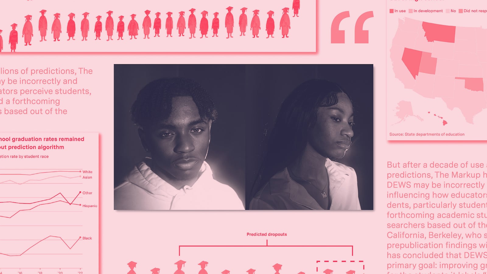 A portrait of two Black teenagers sits in the center of a large illustration.