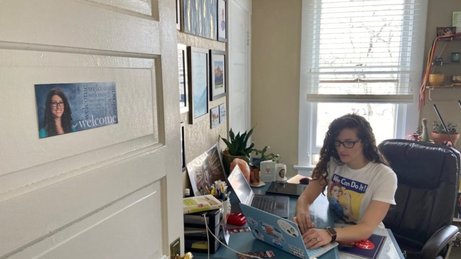 Denver teacher Melea Mayen converted her spare bedroom into a home office. She put her  school welcome photo on the door as a joke for her students.