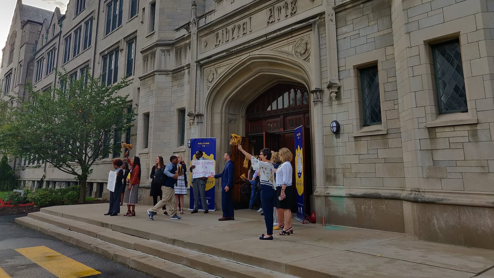 Students attending The School at Marygrove are welcomed to class Tuesday morning on the first day of school.