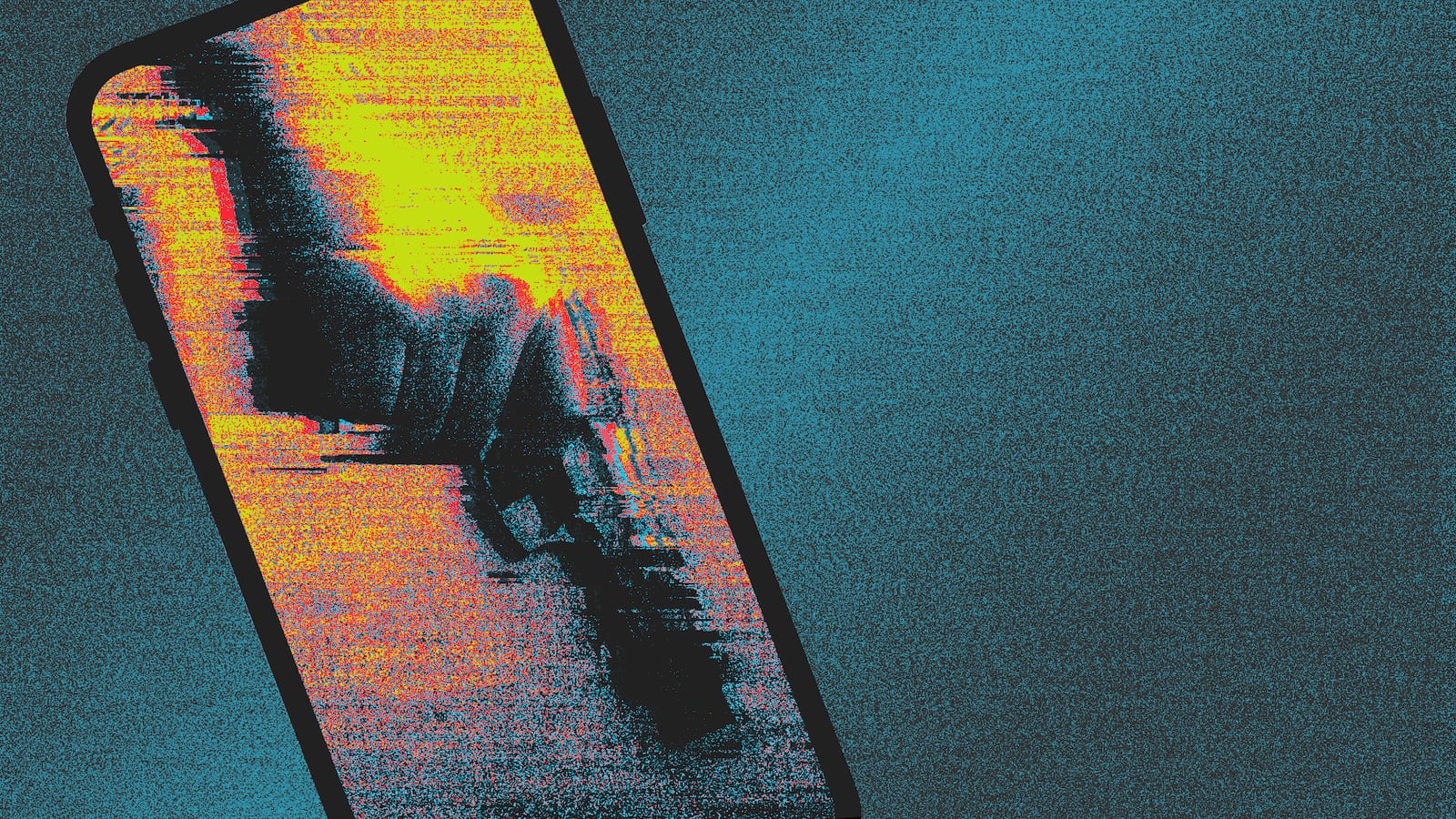 An illustration of a phone outline with a colorful design in the background.