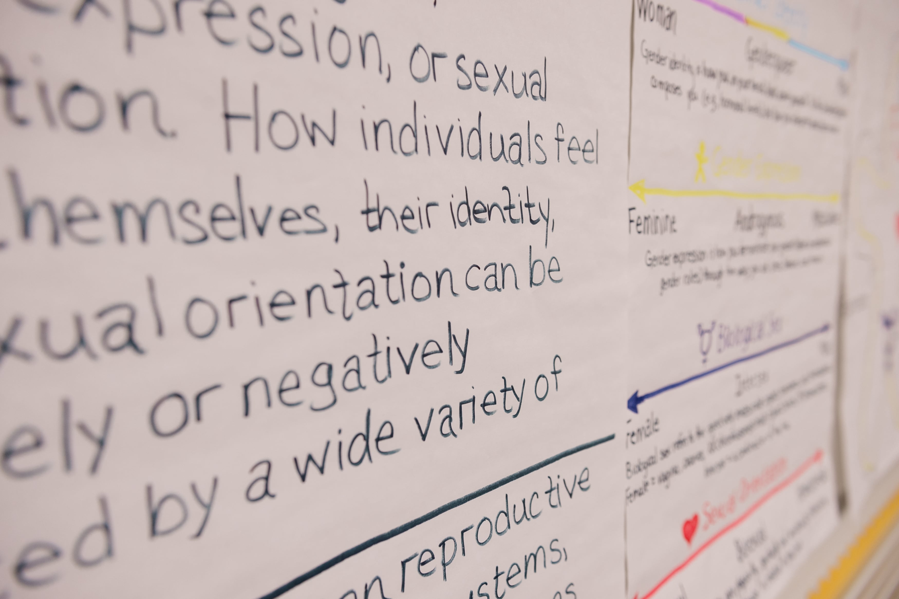 Hand written posters hang on a wall.