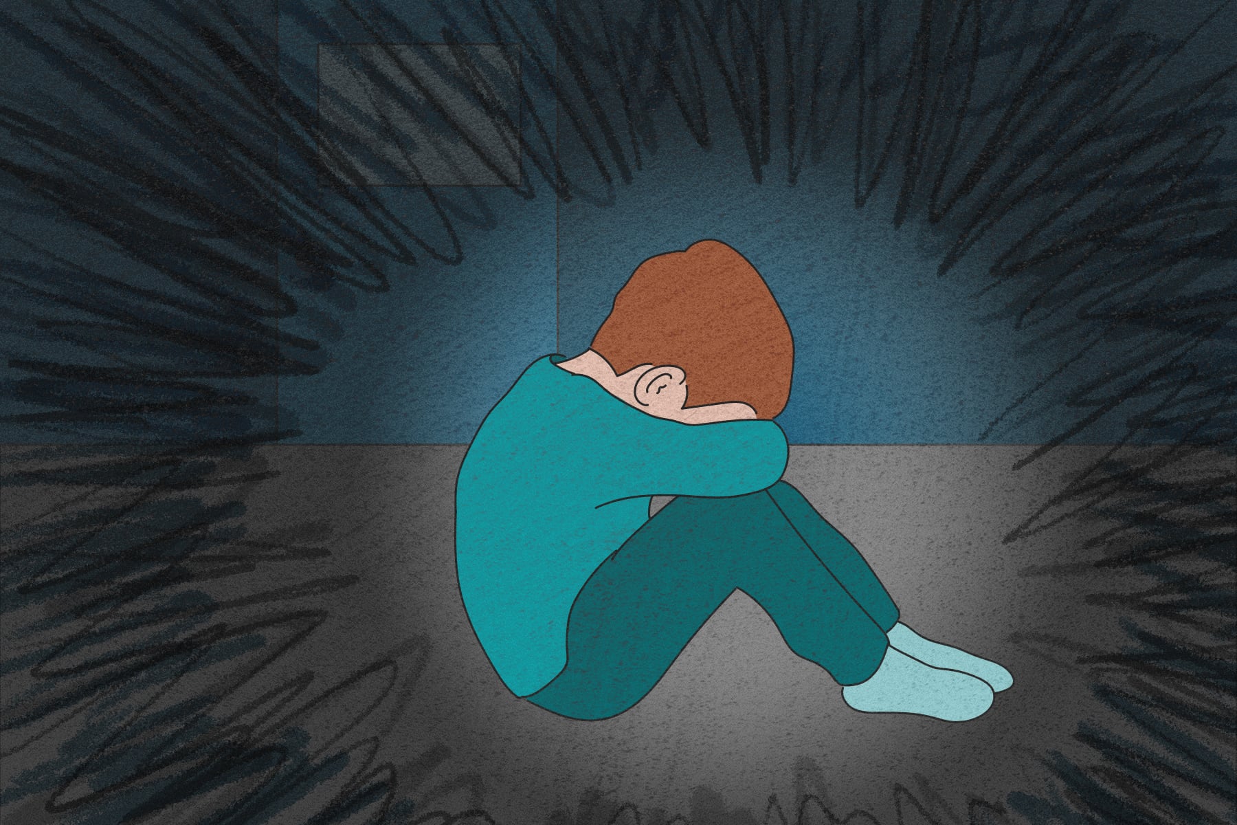 Illustration of a young boy seated in a crouched position. A cloud of scribbles are drawn around him to show frustration. He is seated in an empty room with a door that has a small window.