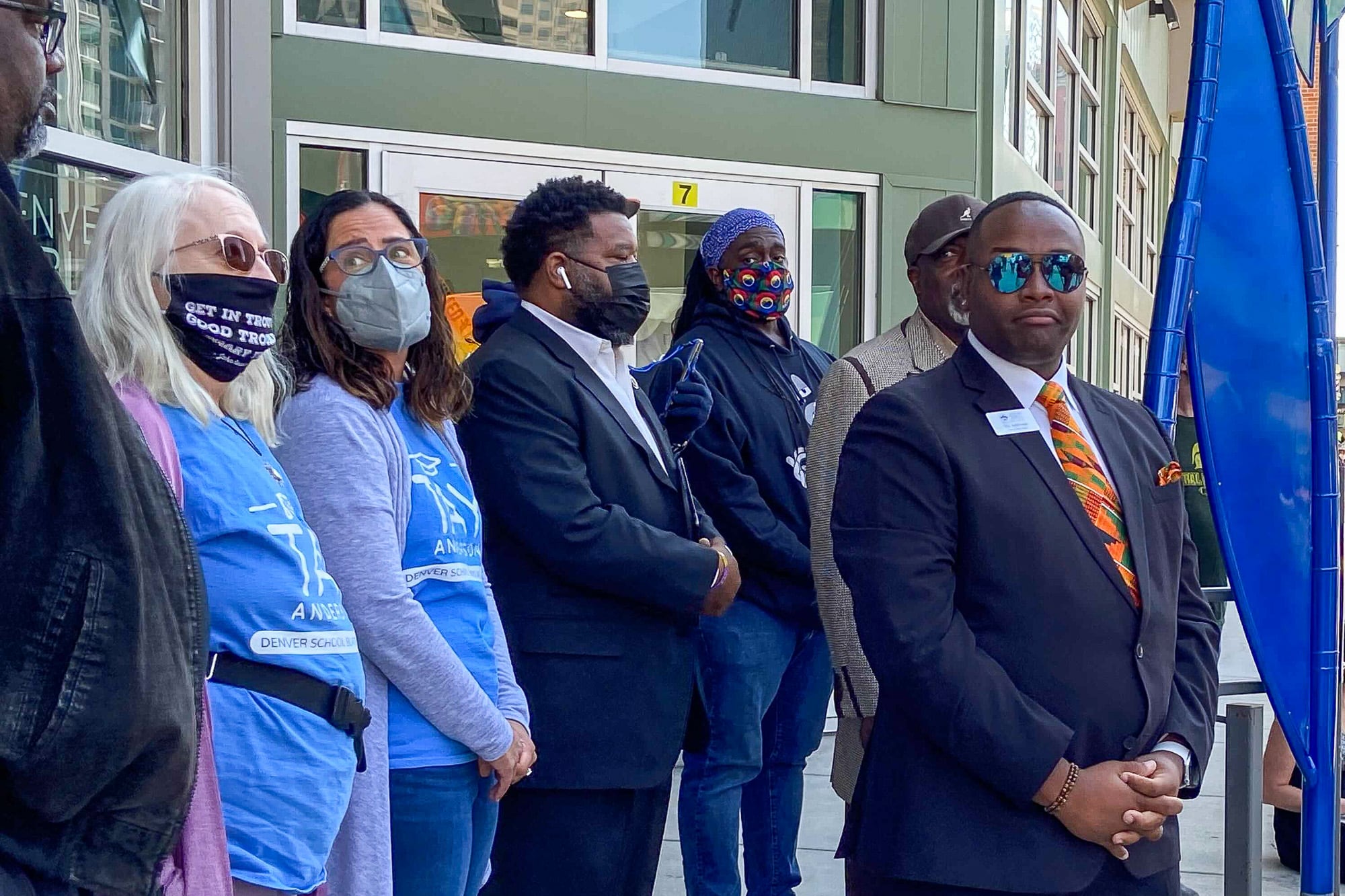 Tay Anderson waits with supporters as the Denver School Board holds a vote to potentially censure him.