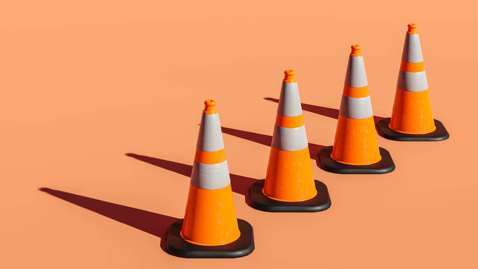 3d render of many Traffic Cones on Orange Background