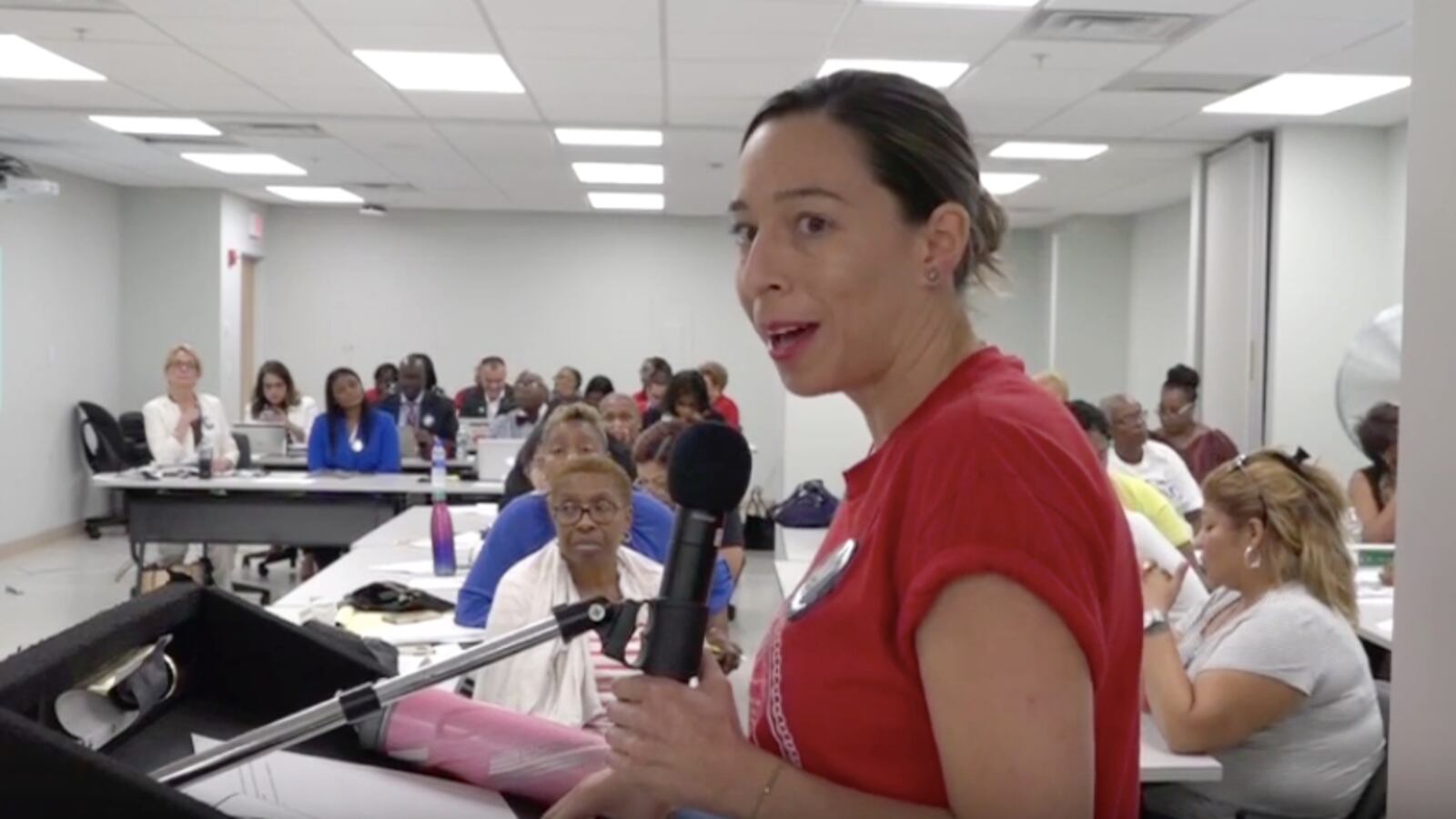 Departing chief of bilingual education, Brenda García, at a school board meeting in August 2018.