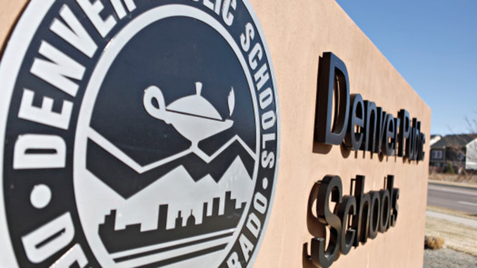 DENVER, CO - March 16: A Denver Public Schools emblem and sign on the Evie Garrett Dennis Campus that houses five separate schools with 1,600 students in Pre-K through 12th grade in Northeast Denver, Colorado on March 16, 2016. (Photo by Katie Wood/The Denver Post)