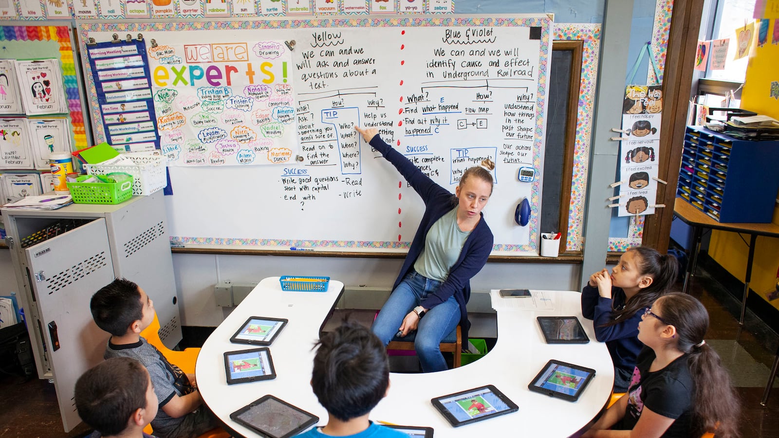 Teacher Kathy McInerney, center, spends intervals of time dedicated to teaching a specific group of students during class at CICS West Belden. The Chicago charter school employs the personalized learning method for its K-8 students. The school is part of the Chicago International Charter School network, and is managed by Distinctive Schools. Photo by Stacey Rupolo/Chalkbeat