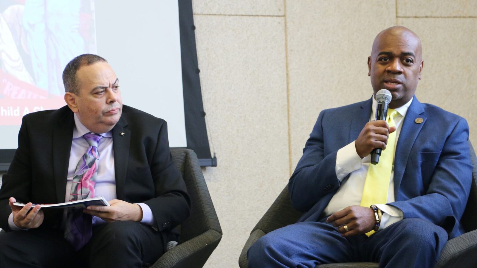 Newark Mayor Ras Baraka, right, with Superintendent Roger León in 2019. Baraka published a message on the City of Newark website Monday defending León against critics who have attacked León for urging the state to close four charter schools.