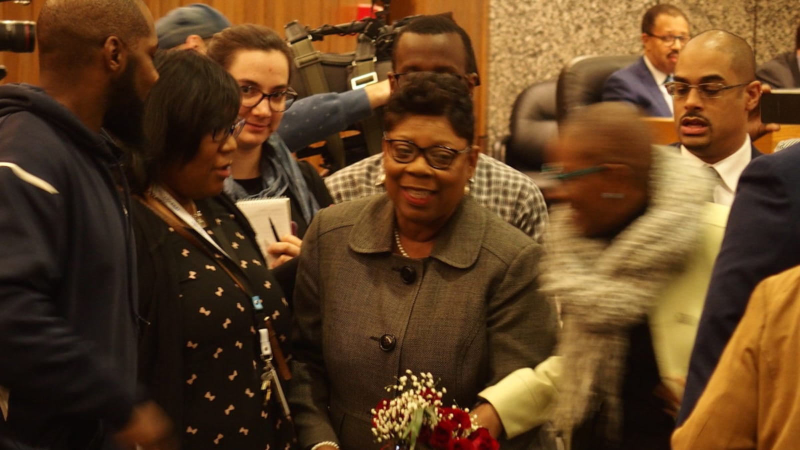 Althea Greene, center holding flowers, is the newest member of the Shelby County Schools board.