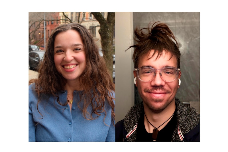 Two portraits, on the left, a photograph of a white woman with long brown hair and wearing a blue blouse poses for a photograph outside on a sidewalk.
And on the right a photograph of a man smiling, wearing glasses and has ear pods in posing for a selfie.