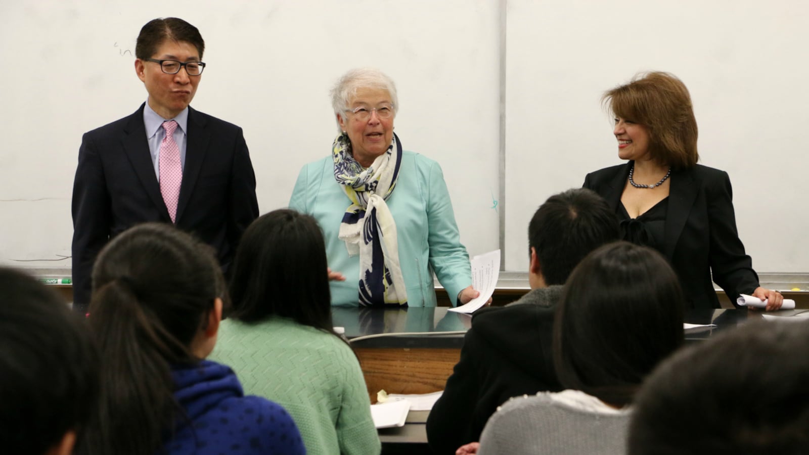 Chancellor Carmen Fariña with High School for Dual Language and Asian Studies Principal Li Yan and Deputy Chancellor for the Division of English Language Learners and Student Support Milady Baez.