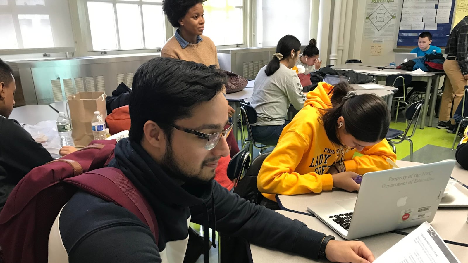 Sadar Khan, a senior at Union Square Academy in Manhattan, prepares for a civics project advocating for more consortium schools.