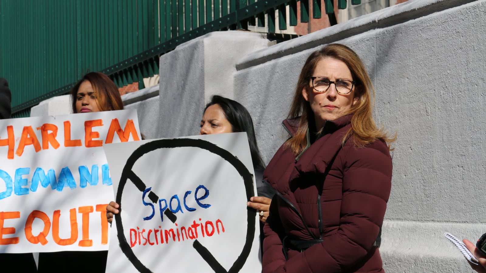 Success Academy has repeatedly fought the city for space. CEO Eva Moskowitz and parents protested at a Harlem school earlier this year.