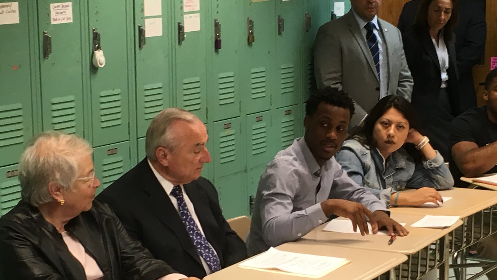 Chancellor Carmen Fariña and NYPD Commissioner William Bratton listen to students talk about restorative justice Thursday at Manhattan's Leadership and Public Service High School