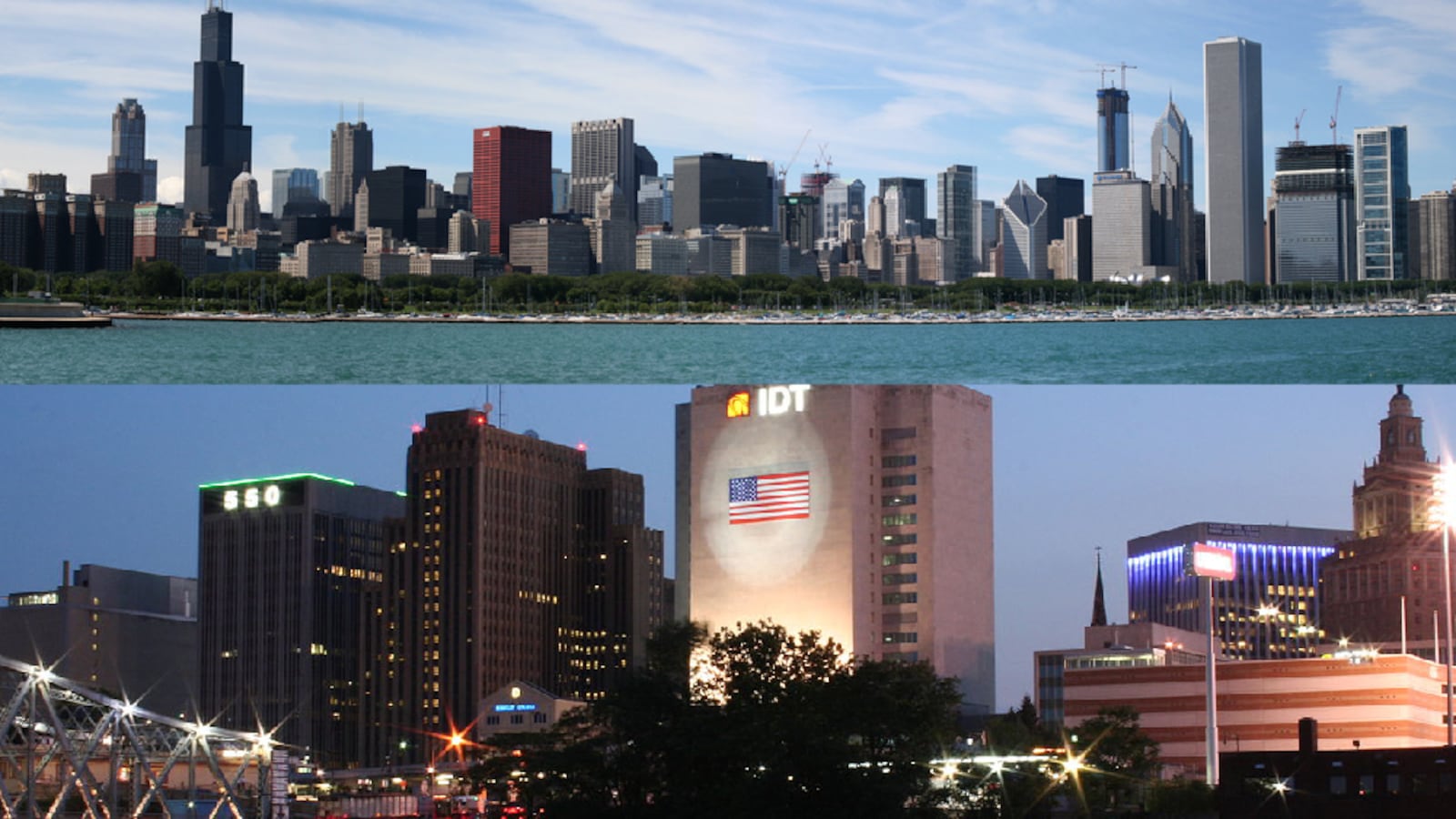 Top: Chicago skyline via Flickr/Carroll. Bottom: Newark via Wikimedia Commons/Jamaalcobbs
