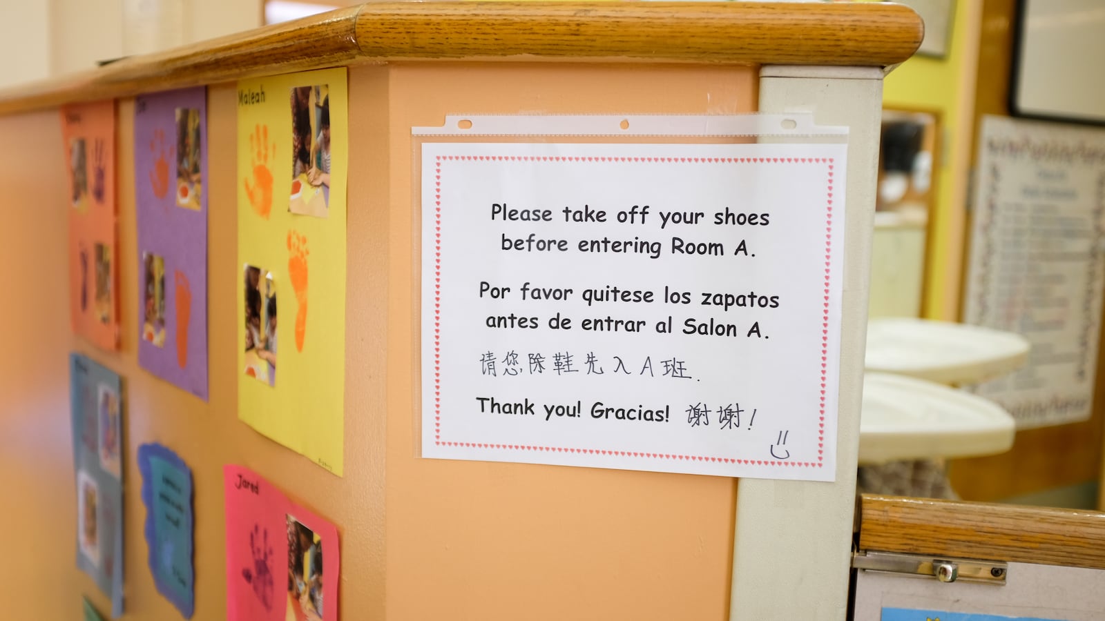 A door at the Magical Years early childhood center in Sunset Park, Brooklyn, welcomes families in four languages.