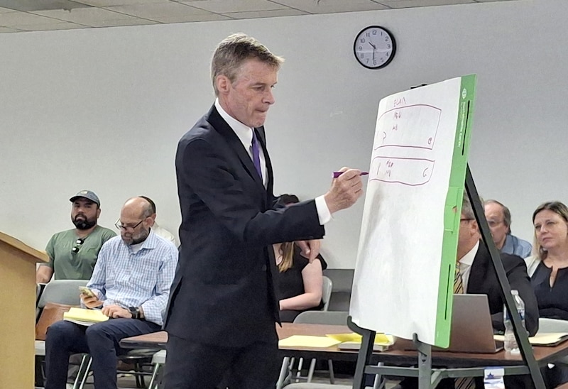 A photograph of a man in a suit standing in front of people in a conference room.