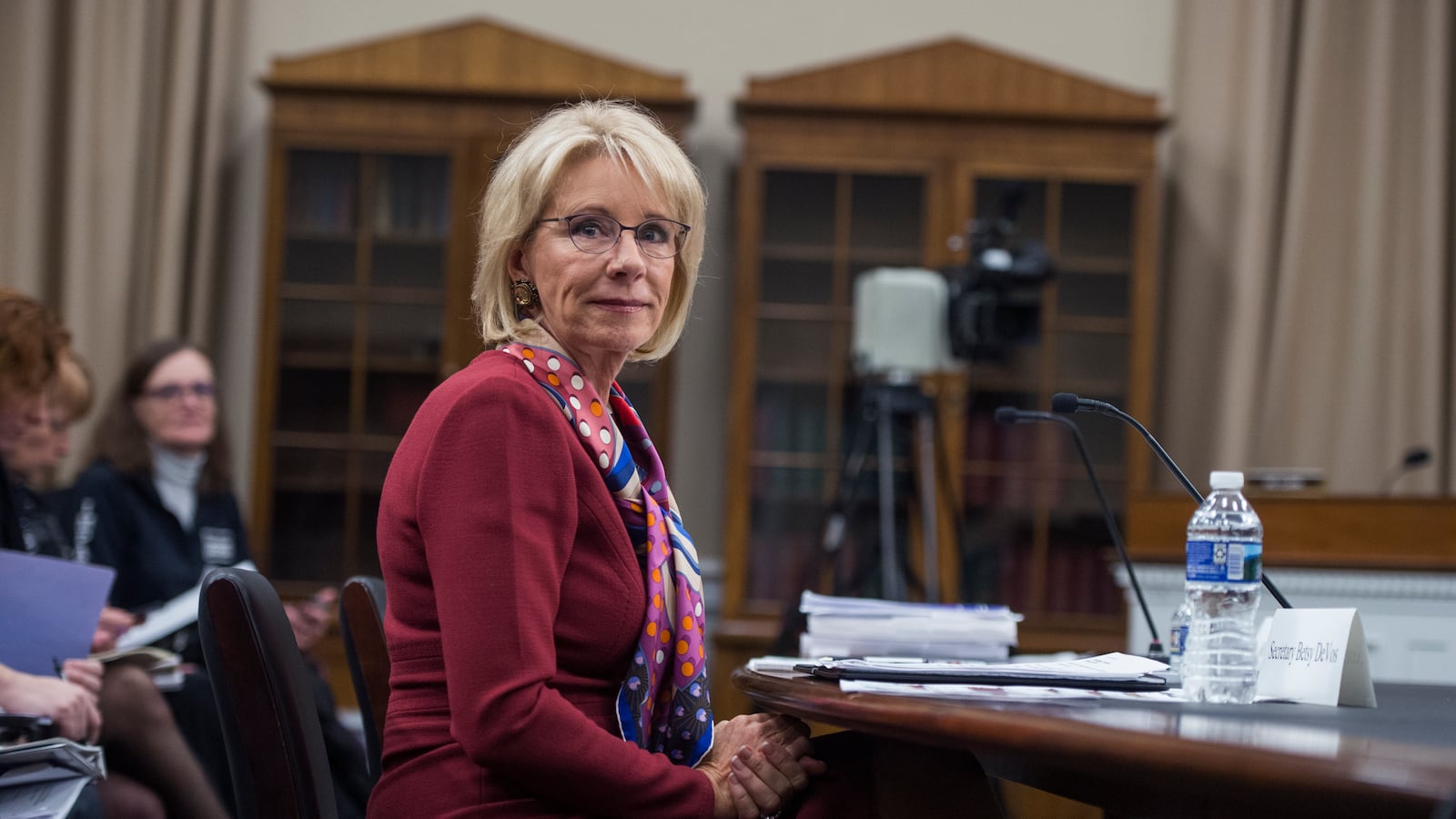 Education Secretary Betsy DeVos prepares to testify at a House Appropriations Labor, Health and Human Services, Education and Related Agencies Subcommittee hearing in Rayburn Building on the department's FY2019 budget on March 20, 2018. (Photo By Tom Williams/CQ Roll Call)