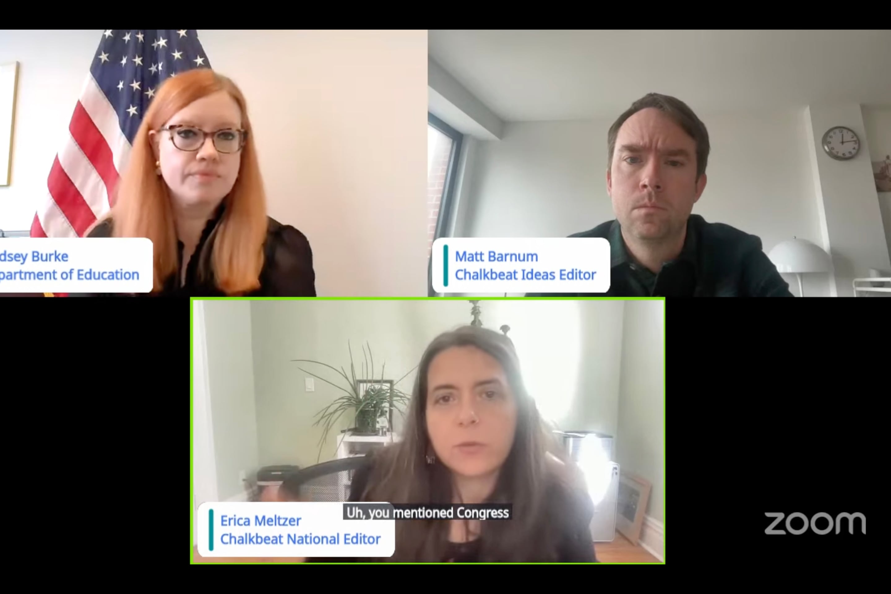 A screen grab of a Zoom call with three people talking.