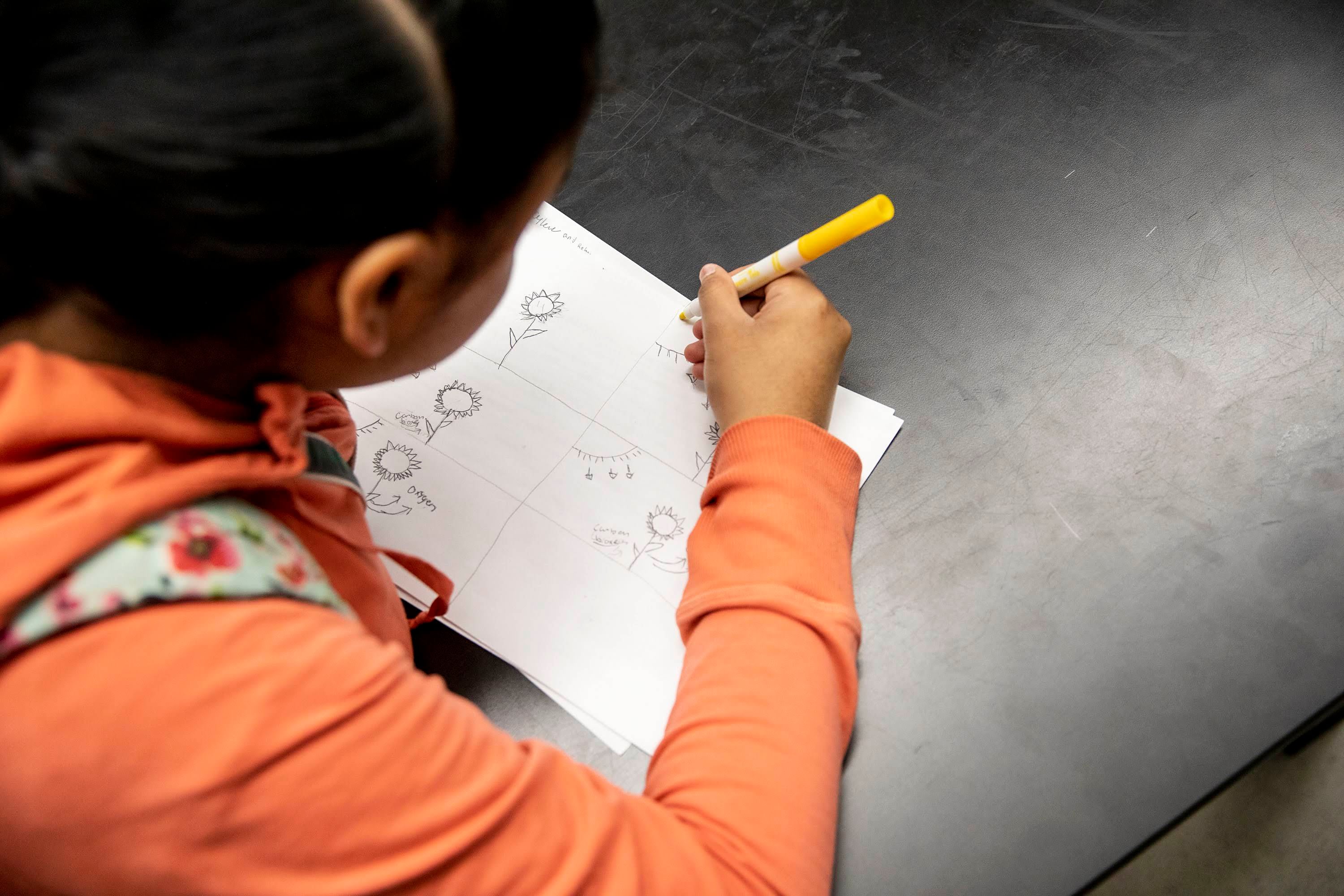 A student wearing an orange sweatshirt draws sketches on a piece of paper.