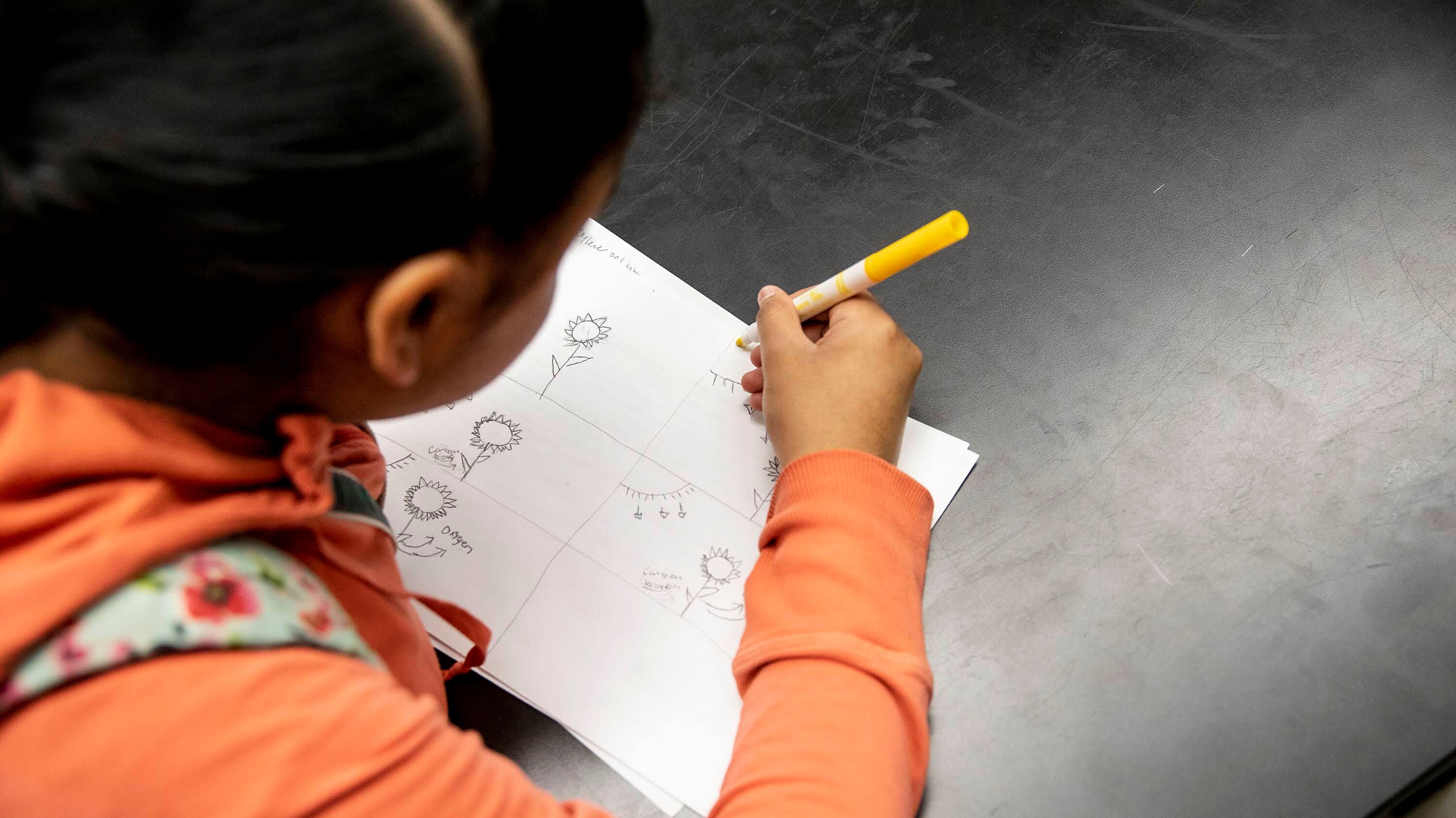 A student wearing an orange sweatshirt draws sketches on a piece of paper.