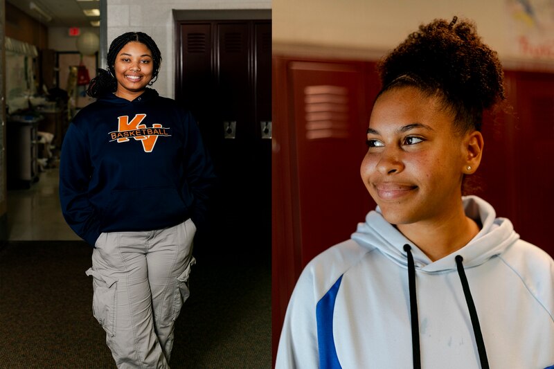 A diptych of portraits of two high school students posing for a portrait in front of a row of dark lockers.