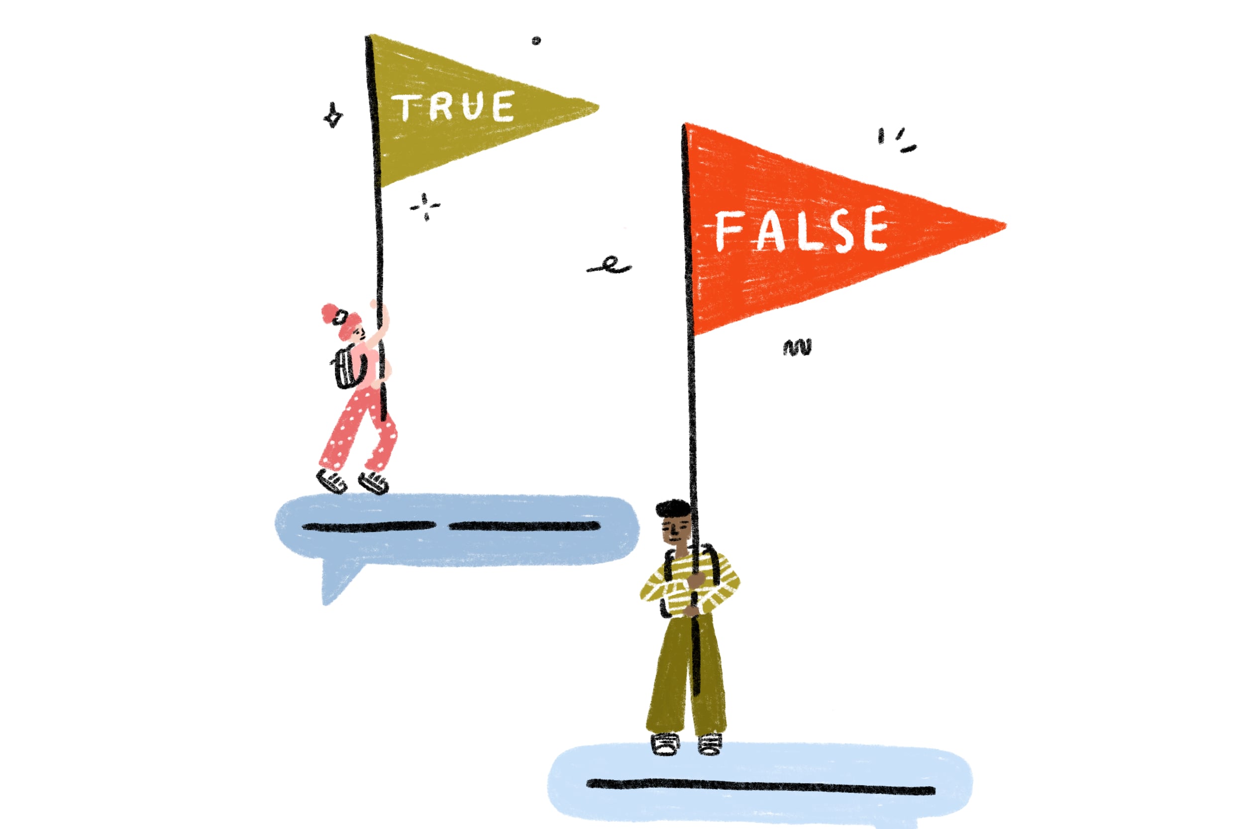 An illustration of two people, both holding up tall flags. One flag is brown and reads, "true," while the older is red and reads, "false."