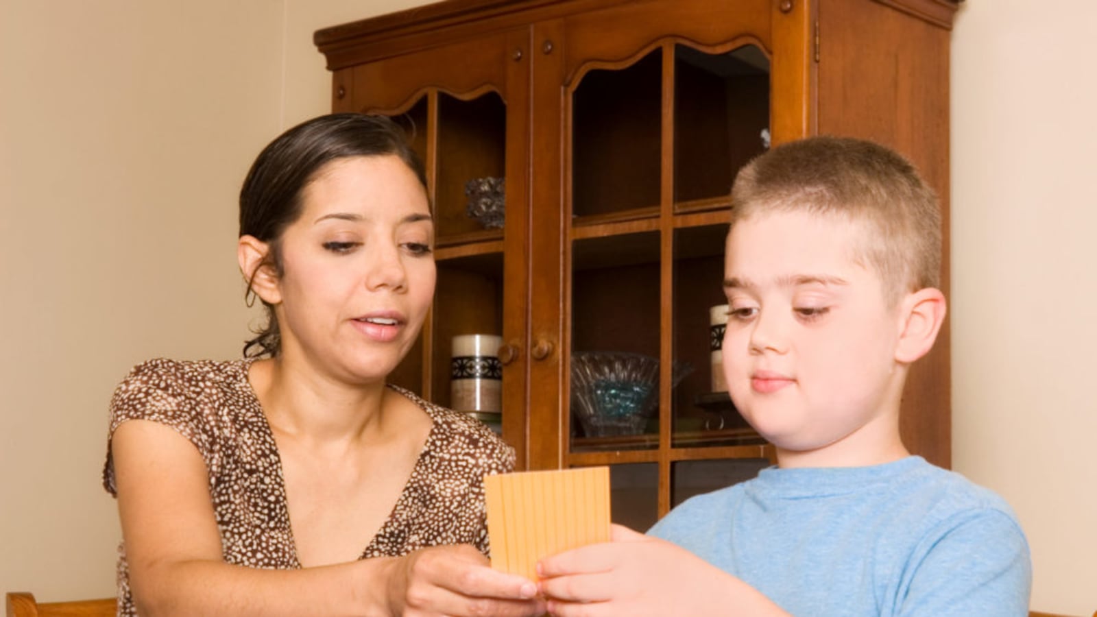 Woman conducting applied behavior analysis therapy with a boy. Parents of children with autism want such therapists to work in the classroom.