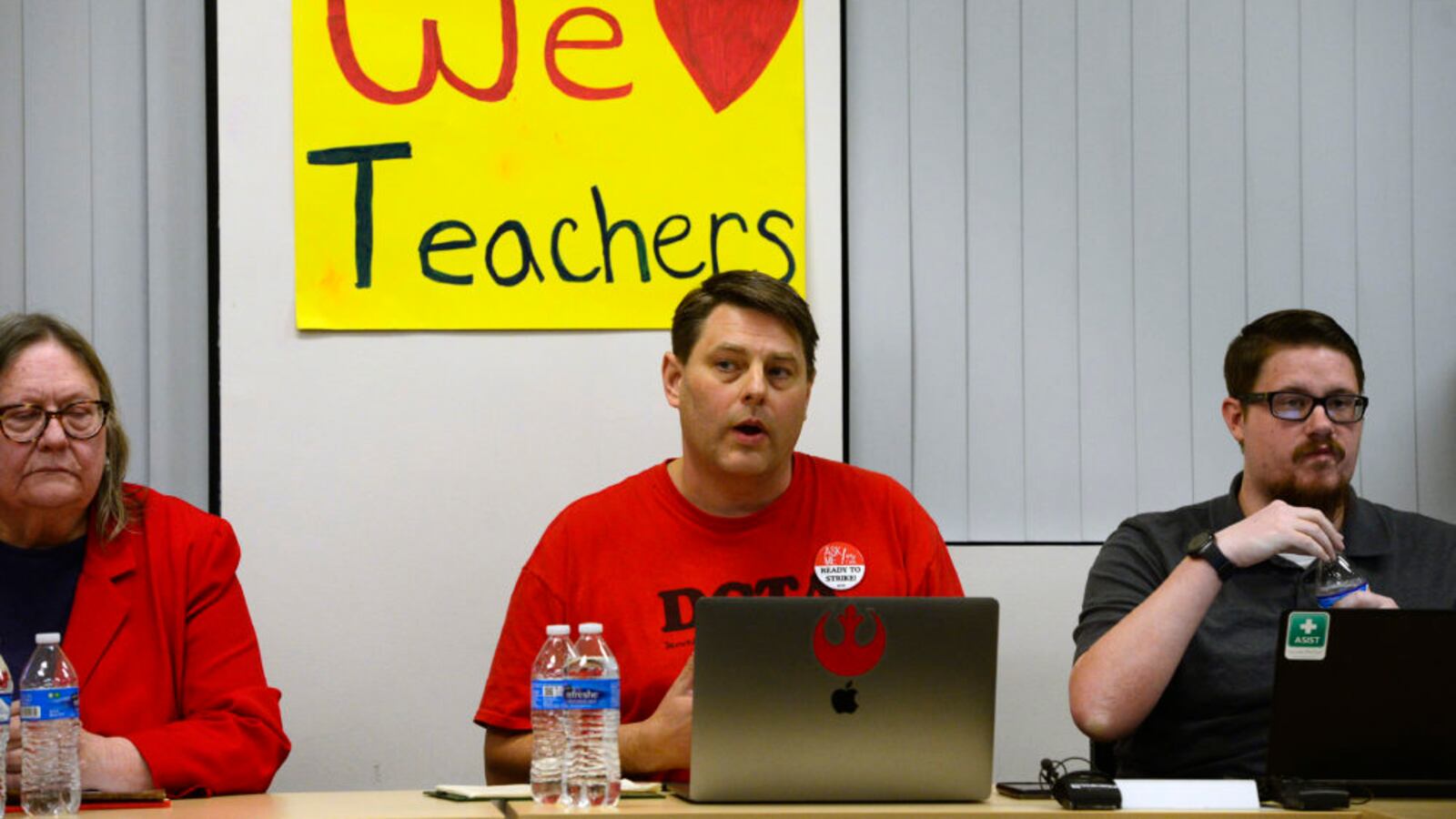 DCTA lead negotiator Rob Gould, middle, addresses Denver Superintendent Susana Cordova, not pictured, during continued negotiations between teachers and administrators.