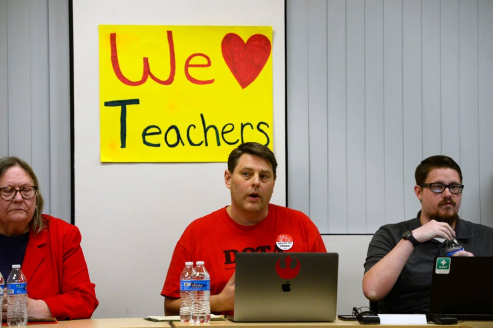 DCTA lead negotiator Rob Gould, middle, addresses Denver Superintendent Susana Cordova, not pictured, during continued negotiations between teachers and administrators.