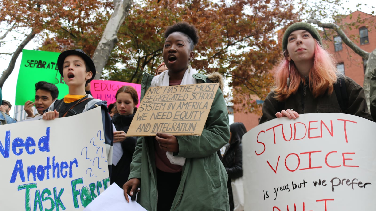 NYC iSchool and Chelsea Career and Technical Education High School share a building in Manhattan, but enroll vastly different student populations. On Monday, they joined the activist group Teens Take Charge in the first of planned weekly protests to demand action on school integration.