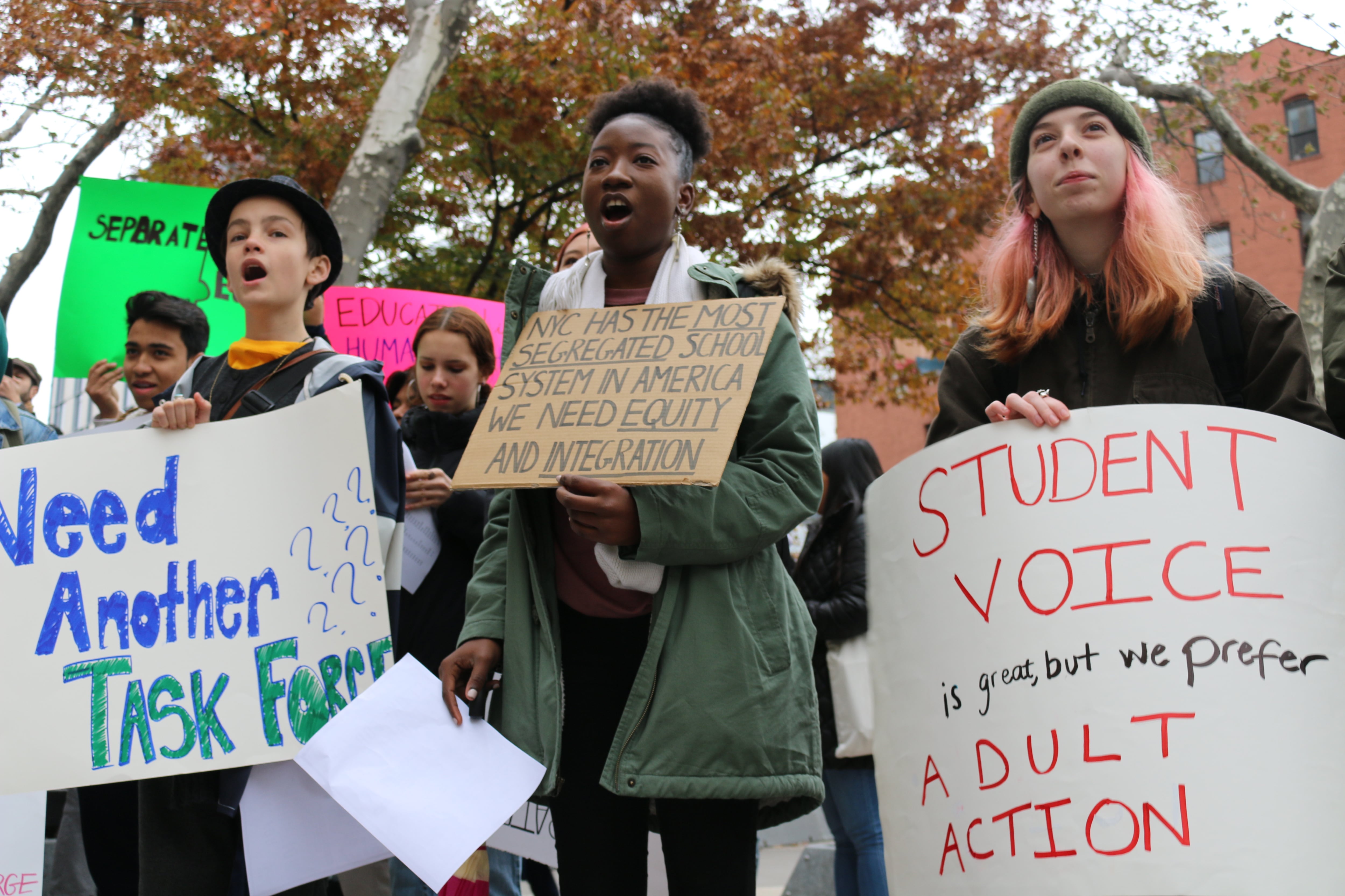 NYC iSchool and Chelsea Career and Technical Education High School share a building in Manhattan, but enroll vastly different student populations. On Monday, they joined the activist group Teens Take Charge in the first of planned weekly protests to demand action on school integration.