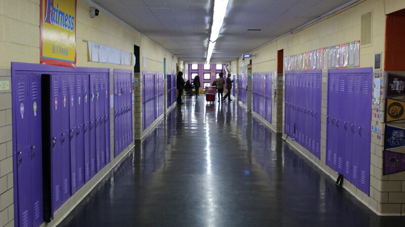 A empty school hallway.