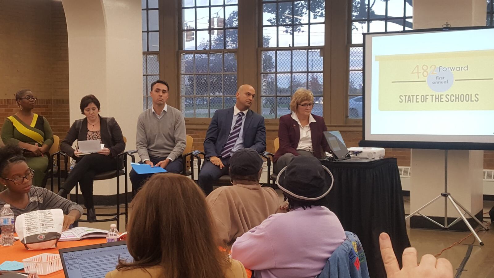 Panelists at Detroit's first State of the Schools address. From left: Sascha Raiyn (WDET TV), Erin Einhorn (Chalkbeat Detroit), Robert Kimball (associate vice president for charter schools at Grand Valley State University), Nikolai Vitti (superintendent of Detroit Public Schools Community District) and Cindy Schumacher (executive director of the Gov. John Engler Center for Charter Schools at Central Michigan University).