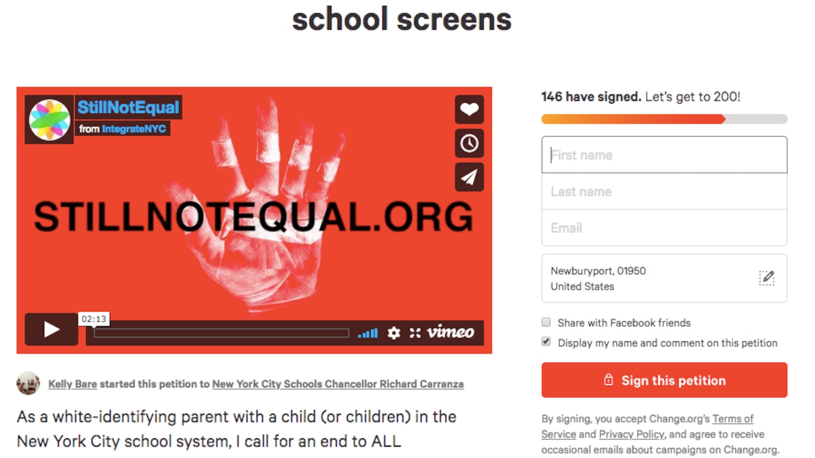 A day and a half after Kelly Bare started this petition, it had 136 supporters.