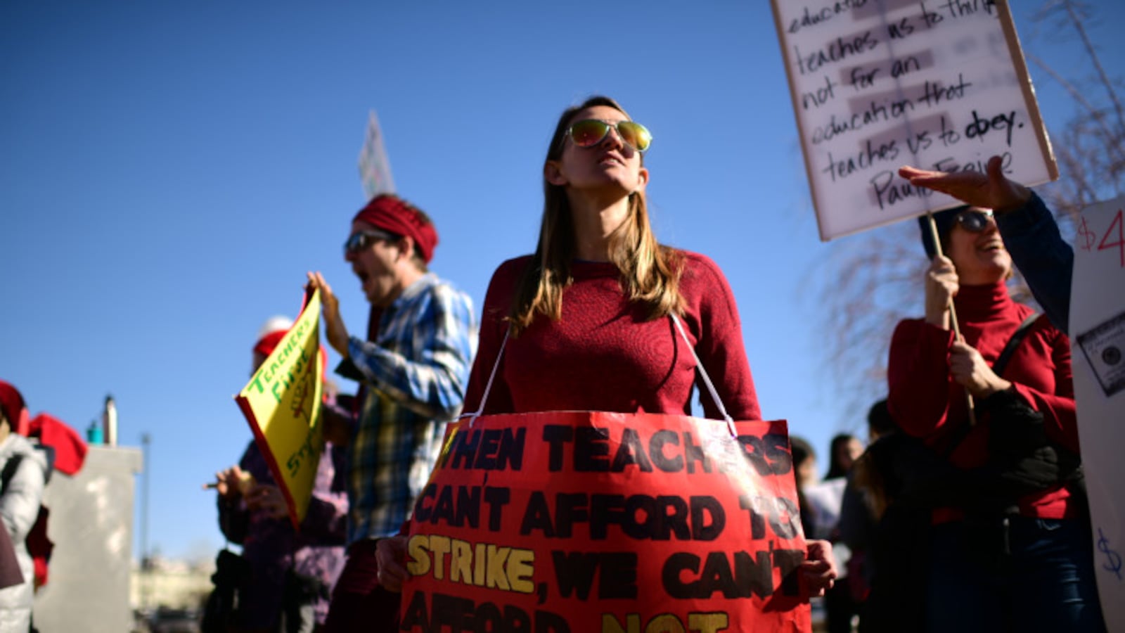 Teacher Rachel Patton rallies with other teachers outside Denver’s North High School on Feb. 12, 2019.