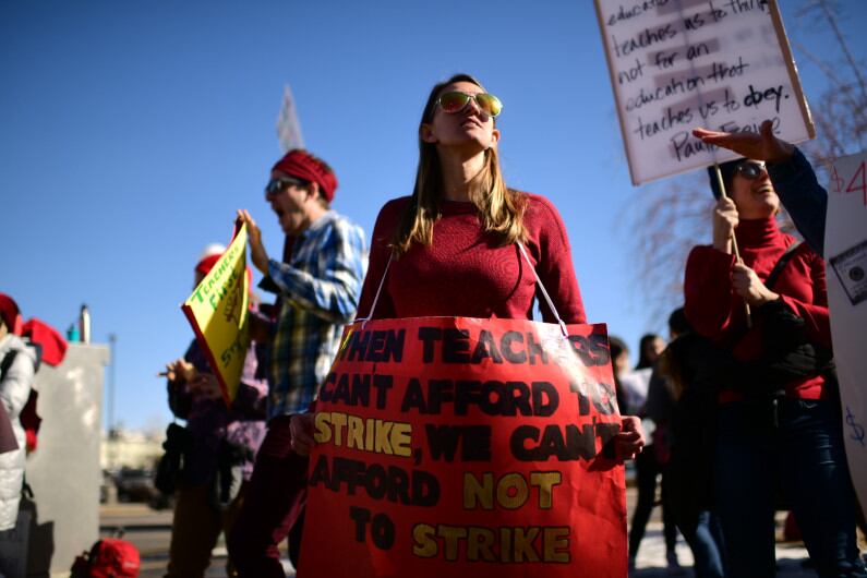 Teacher Rachel Patton rallies with other teachers outside Denver’s North High School on Feb. 12, 2019.