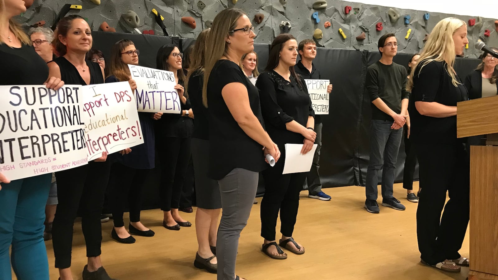 Educational sign language interpreters lobby the Denver school board in September 2018 to recognize their unionization bid.